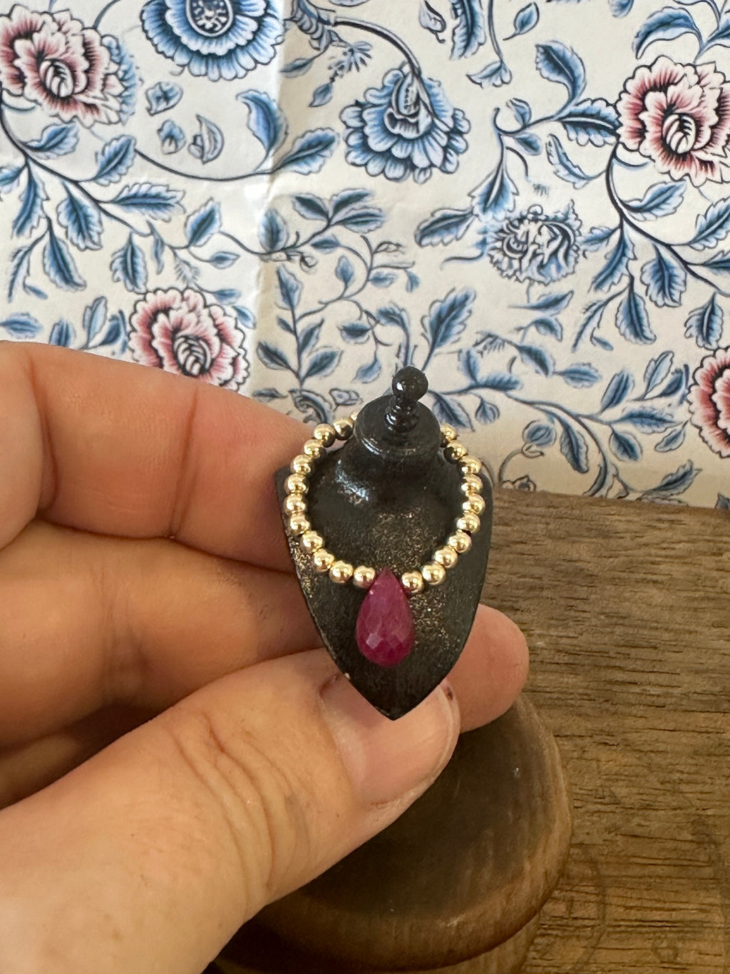 Handmade Miniature Dollhouse Necklace – Gold-Filled Beads & Real Ruby Drop