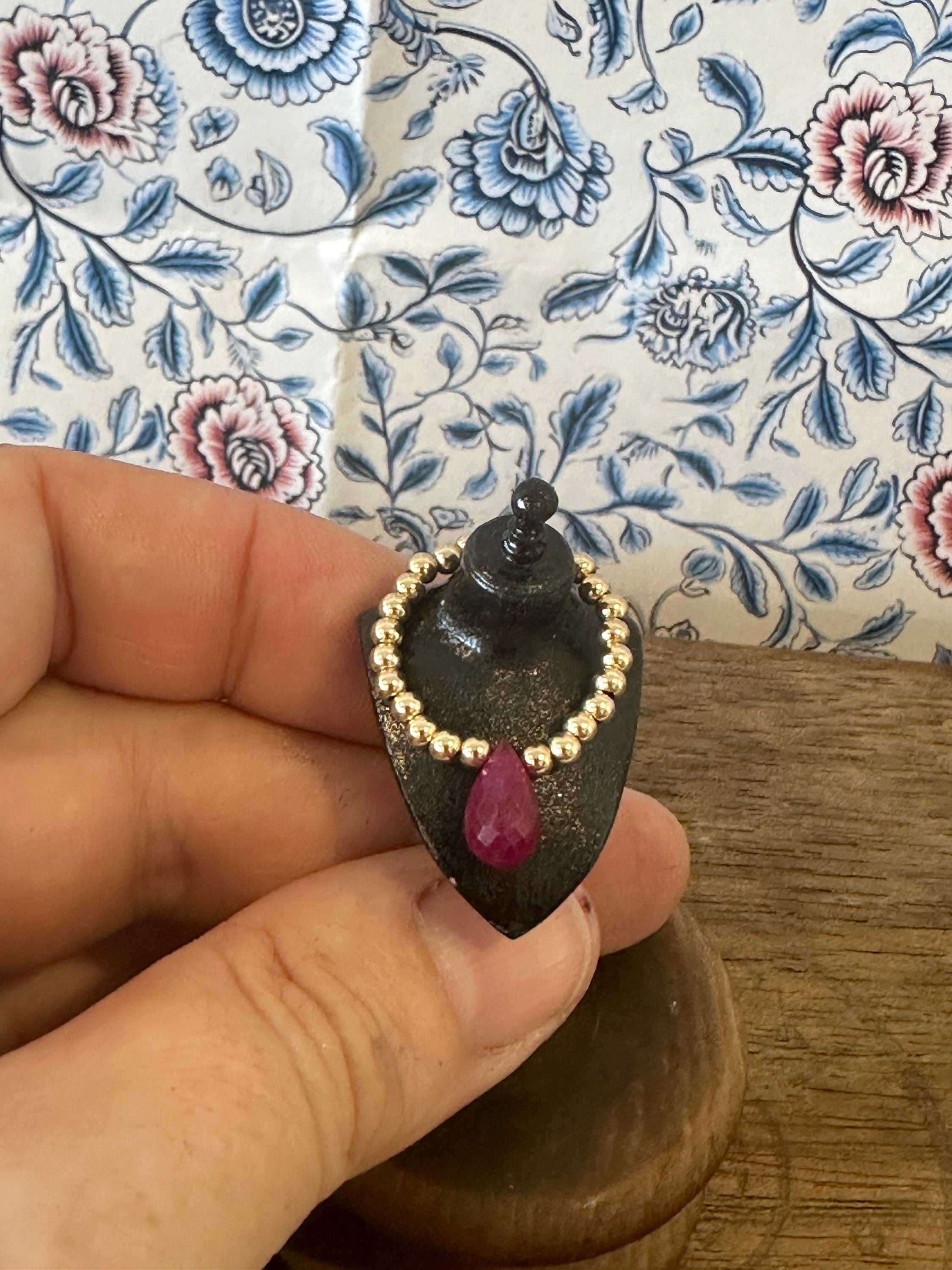 Handmade Miniature Dollhouse Necklace – Gold-Filled Beads & Real Ruby Drop