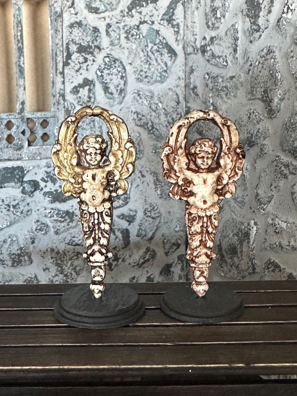 Handmade Miniature Gilded Angel Statue – Aged Religious Art on Stand