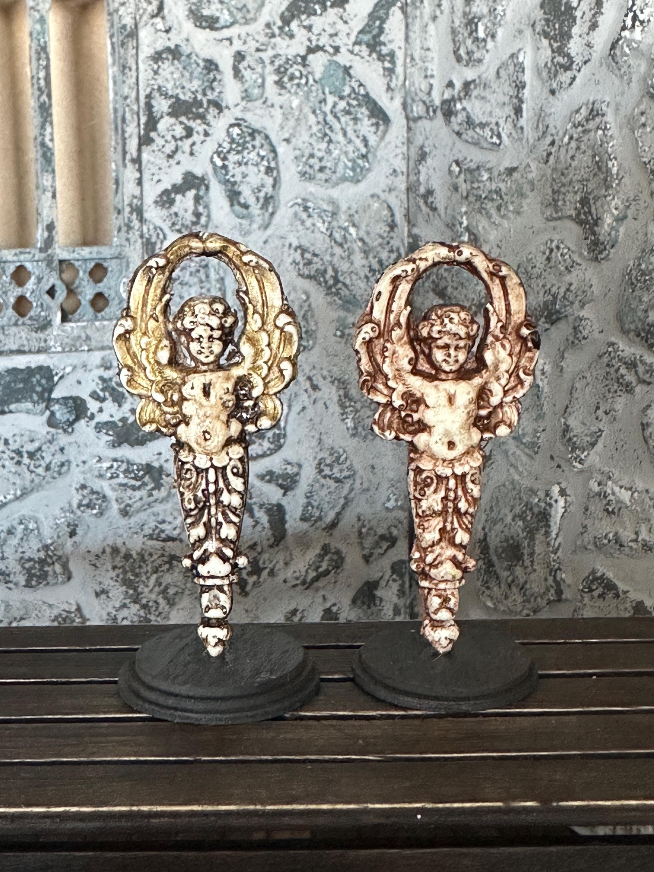 Handmade Miniature Gilded Angel Statue – Aged Religious Art on Stand