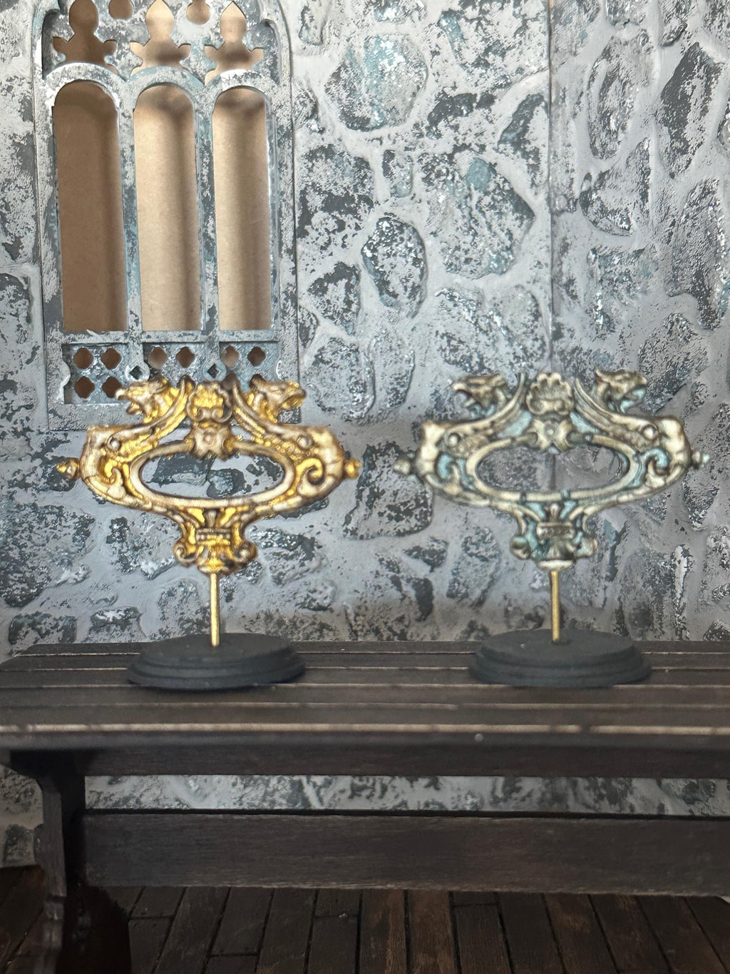 Handmade Miniature Gilded Dragon Griffin – Aged Ornate Sculpture on Stand (1:12 Scale)