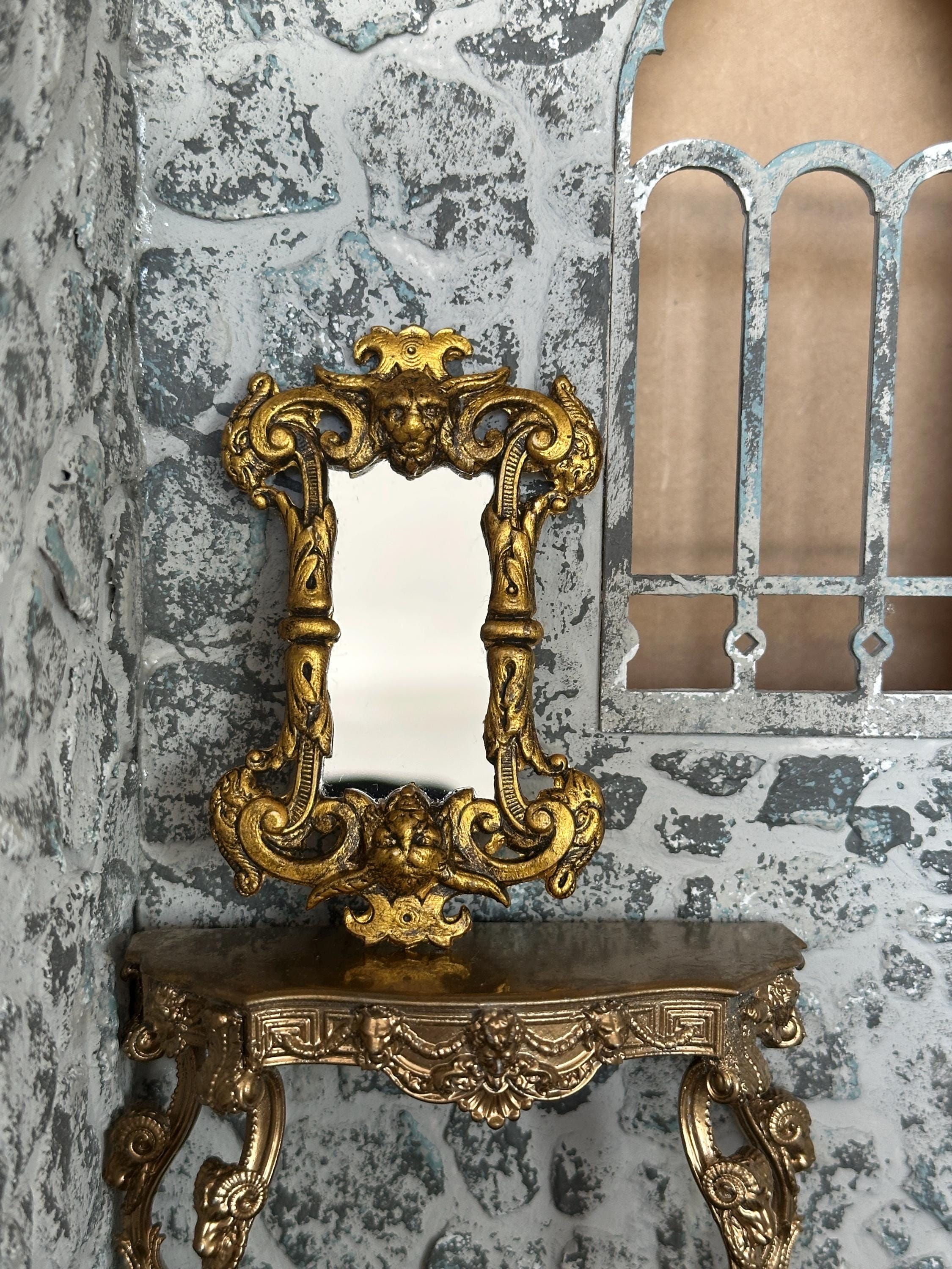 Miniature Dollhouse Ornate Devil Mirror – Gilded Gothic Esoteric Design
