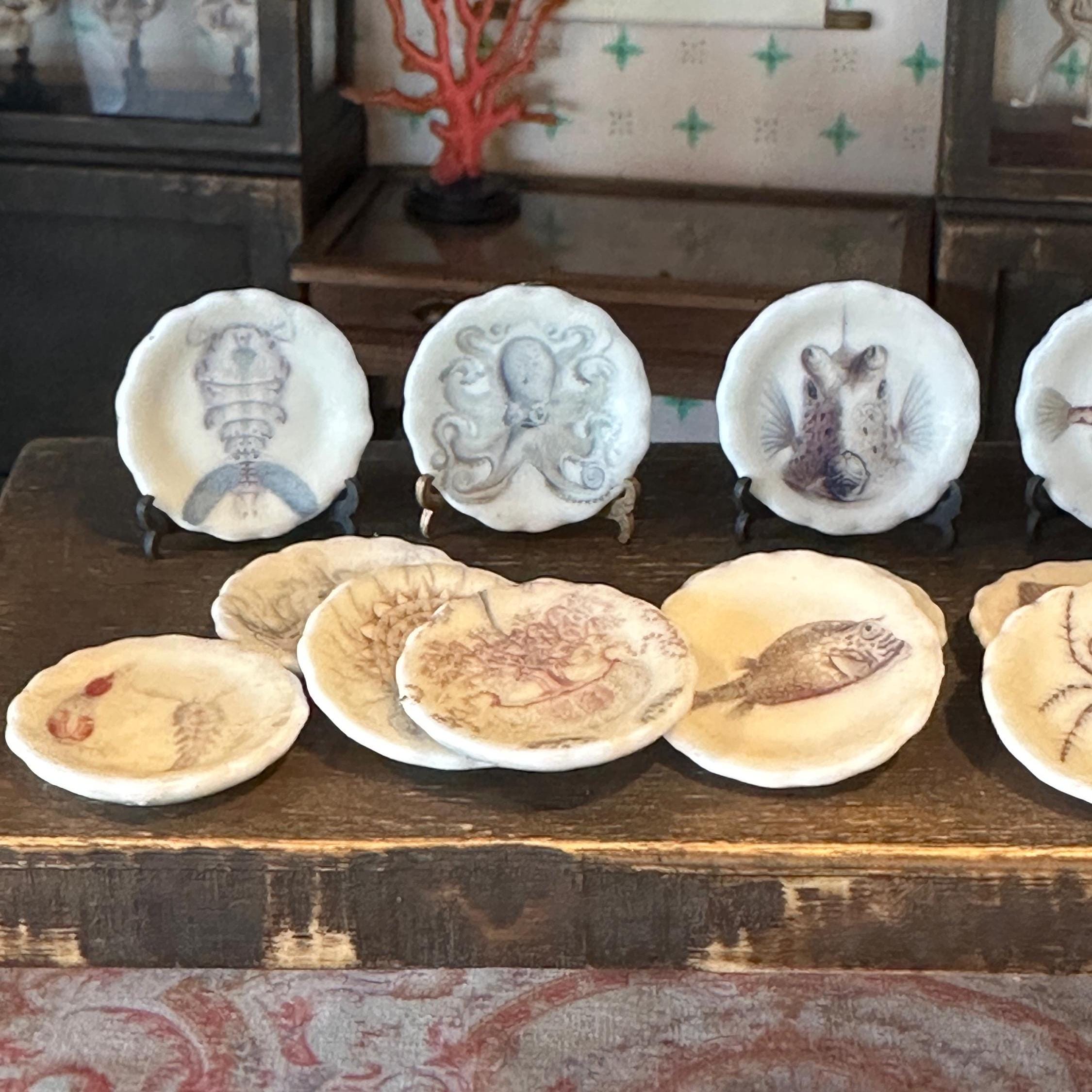 Ceramic Dollhouse 1:12 Scale Plates – 19th Century Ernst Haeckel Naturalist Illustrations Sets 3 and 4