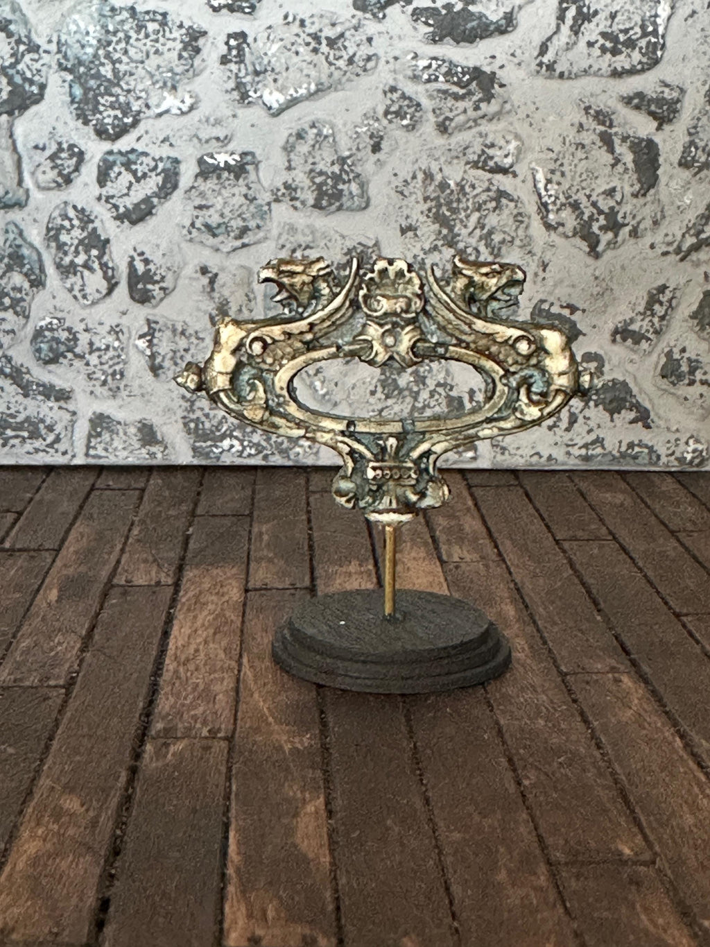 Handmade Miniature Gilded Dragon Griffin – Aged Ornate Sculpture on Stand (1:12 Scale)