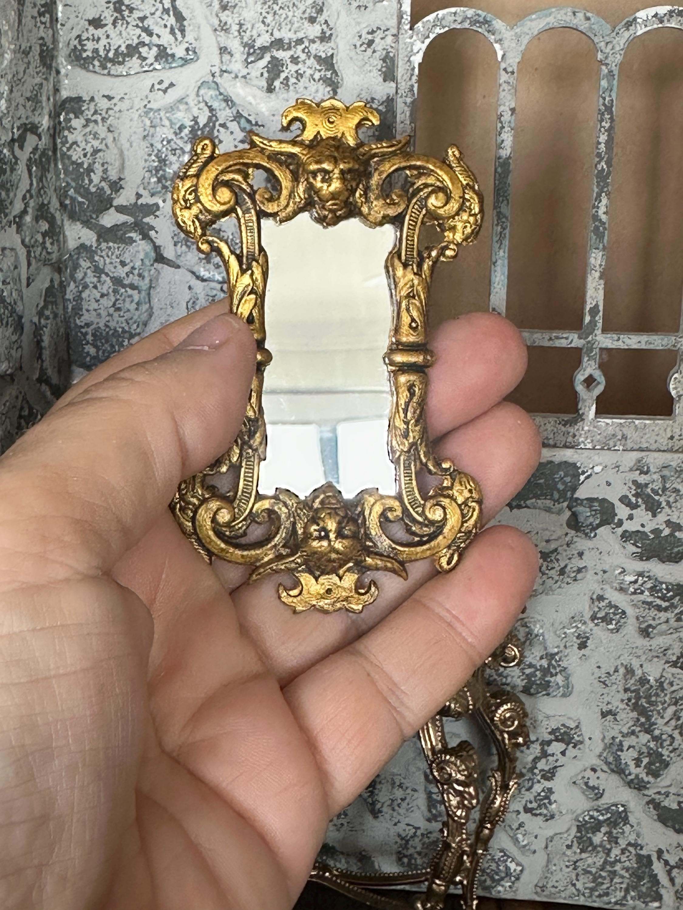 Miniature Dollhouse Ornate Devil Mirror – Gilded Gothic Esoteric Design