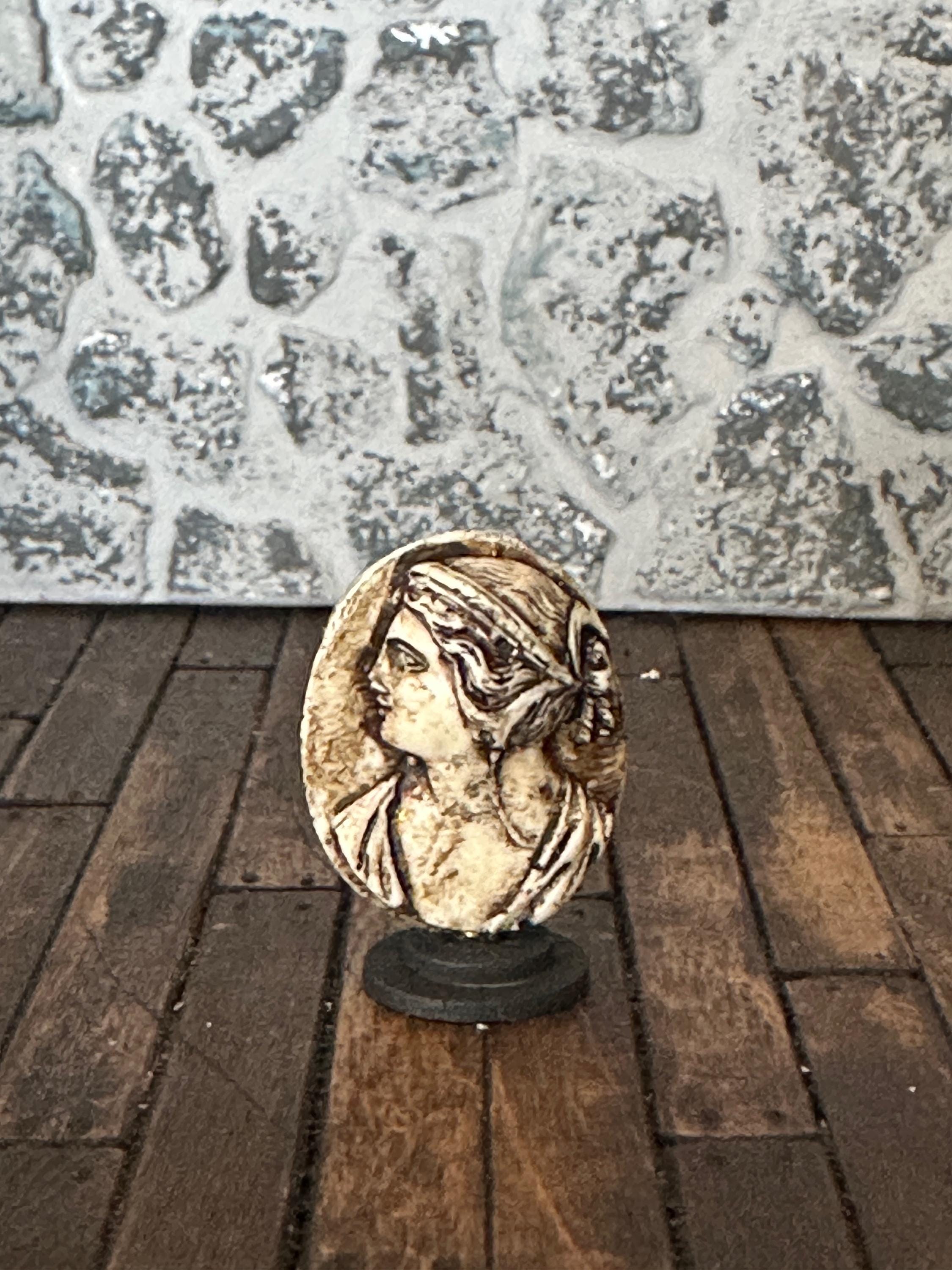 Handmade Miniature Hermes or Classical Woman Cameo – Aged Faux Stone Sculpture on Stand (1:12 Scale)