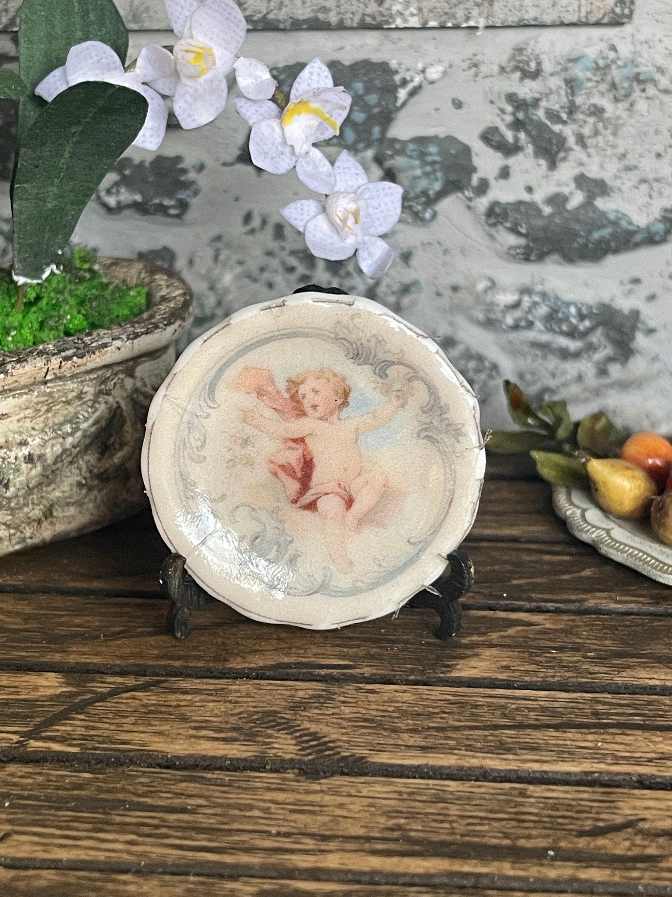 Hand Created Ceramic Dollhouse 1:12 Scale Plates – Set of Four Romantic Belle Époque Cherubs