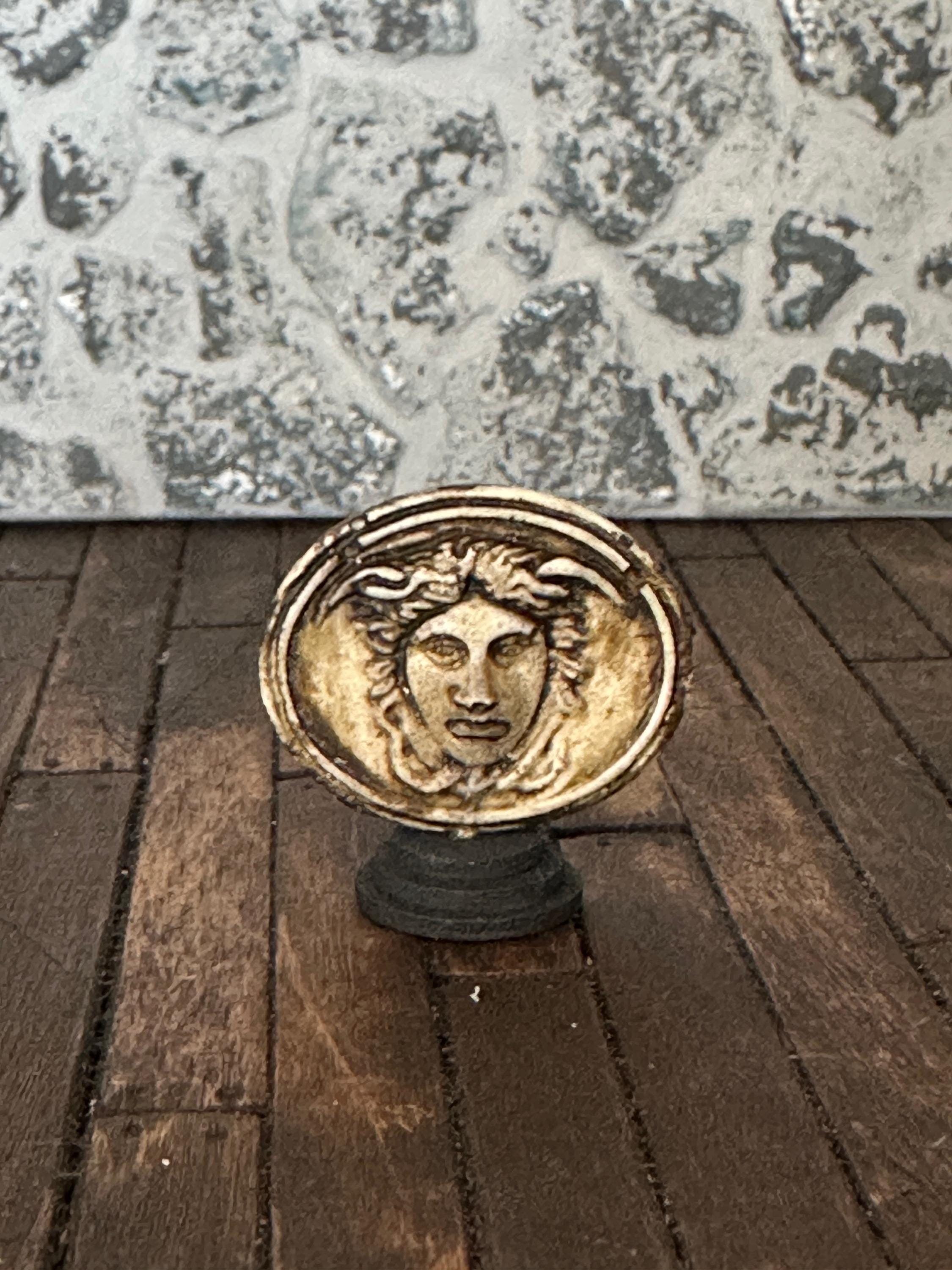 Handmade Doll House Miniature Art Collectors Statue Ornament Aged Grungy Gilded Medusa on Stand