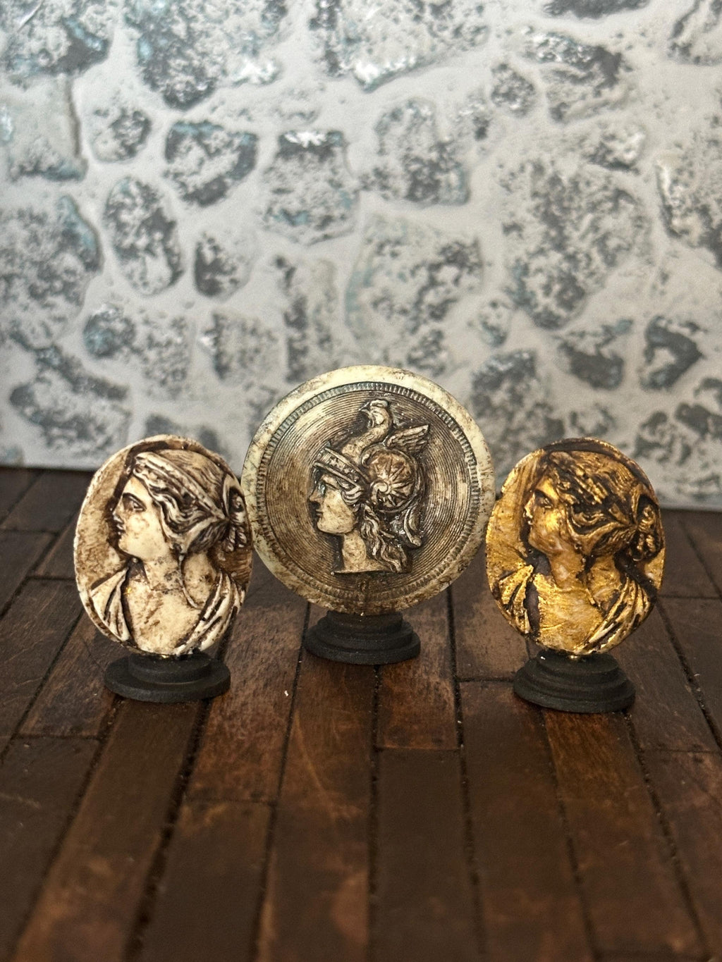 Handmade Miniature Hermes or Classical Woman Cameo – Aged Faux Stone Sculpture on Stand (1:12 Scale)