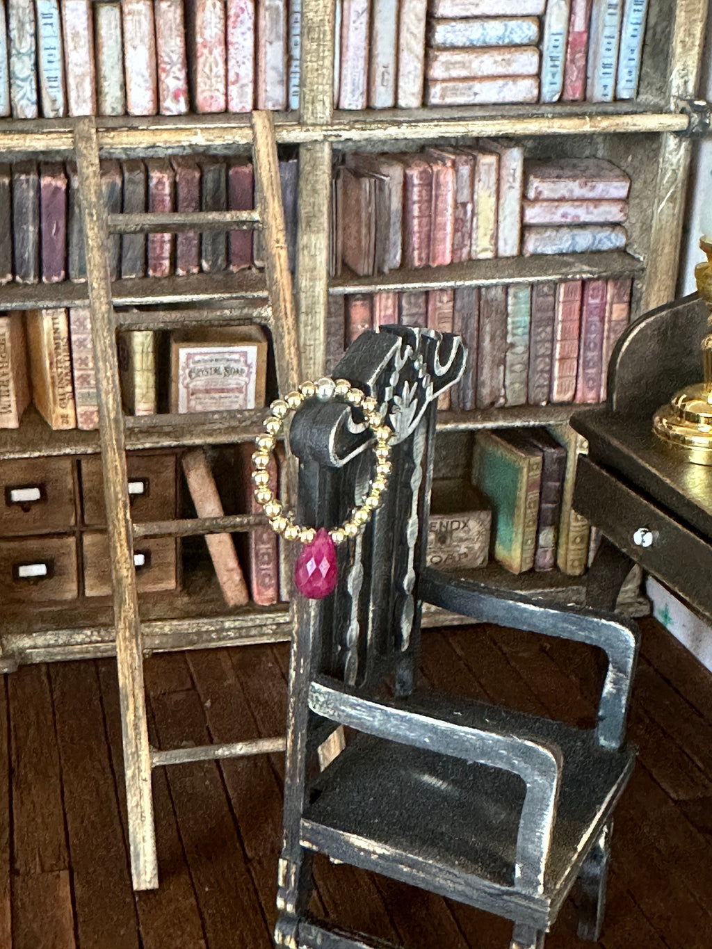 Handmade Miniature Dollhouse Necklace – Gold-Filled Beads & Real Ruby Drop