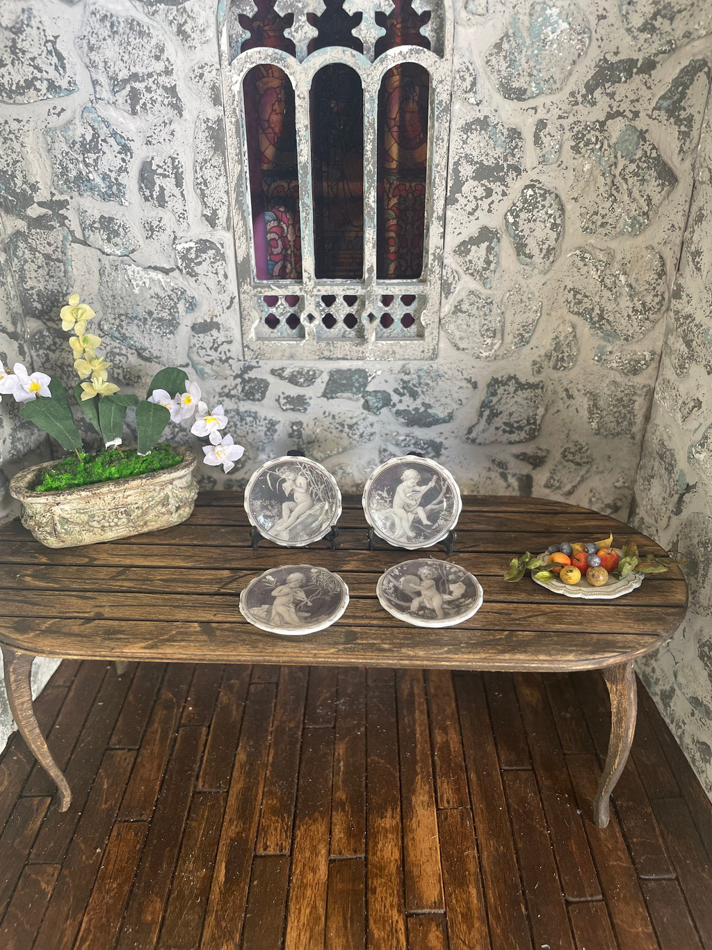 Ceramic Dollhouse 1:12 Scale Plates – Vintage Grisaille Cherubs & Putti Set of Four
