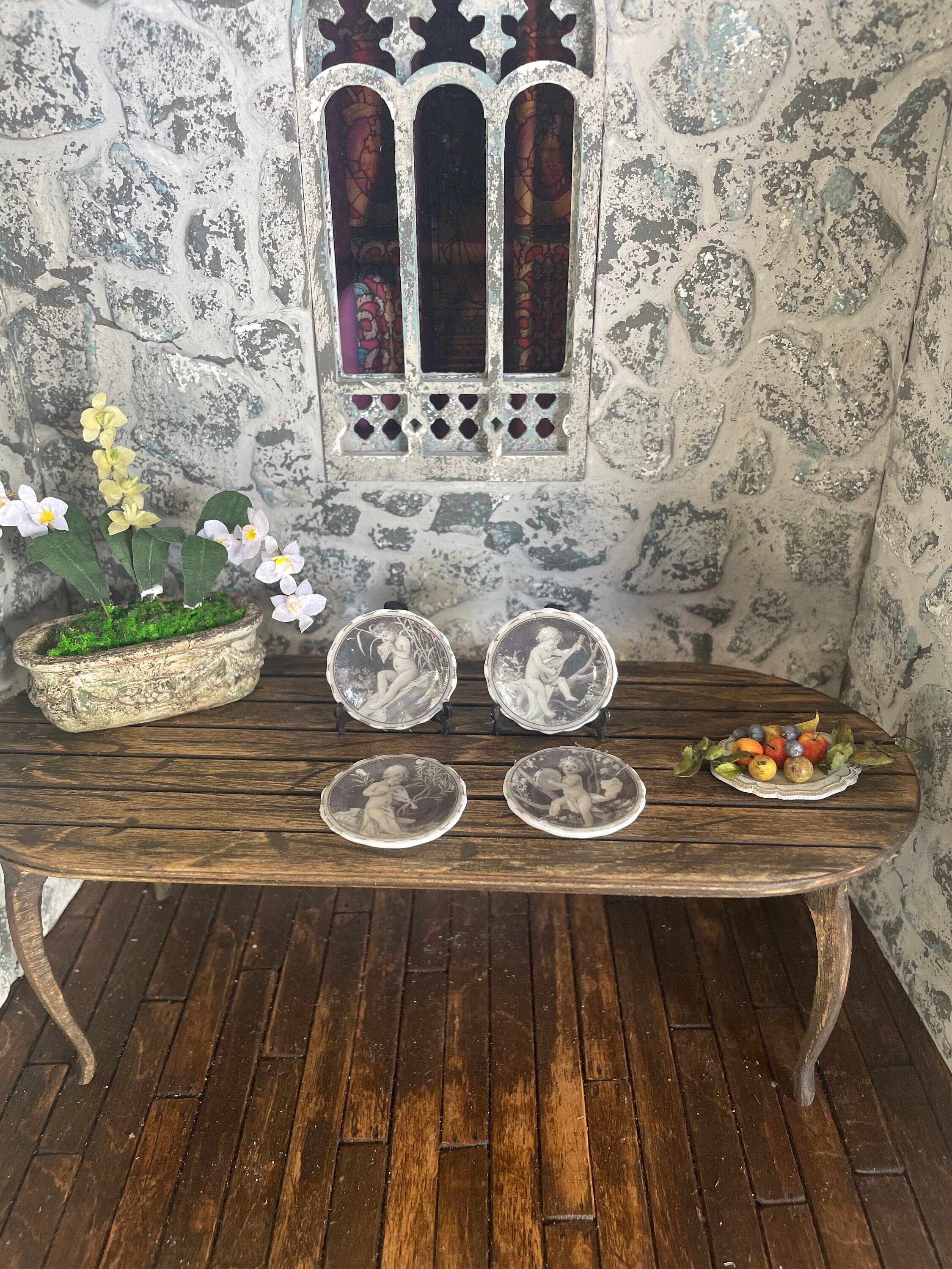 Ceramic Dollhouse 1:12 Scale Plates – Vintage Grisaille Cherubs & Putti Set of Four