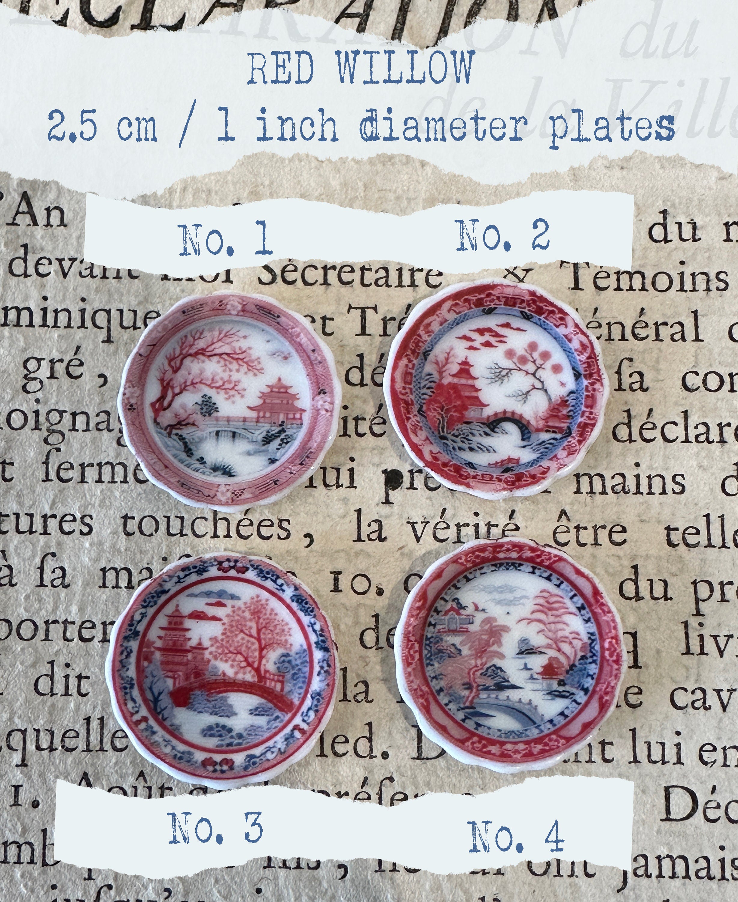 Ceramic Dollhouse 1:12 Scale Plates – 18th Century Blue & Red Willow Pattern