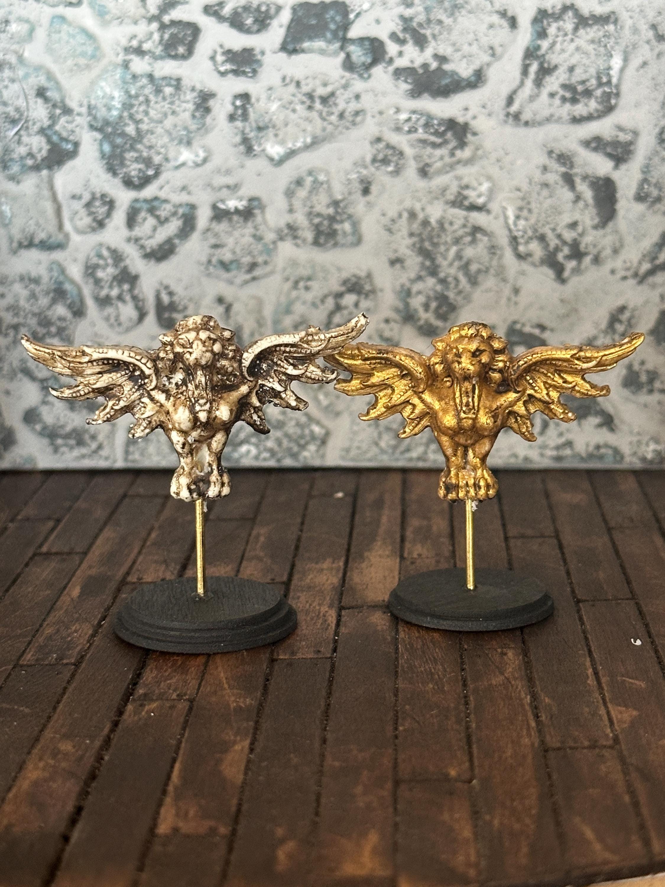 Handmade Miniature Winged Lion Gargoyle – Dollhouse Art Sculpture on Stand
