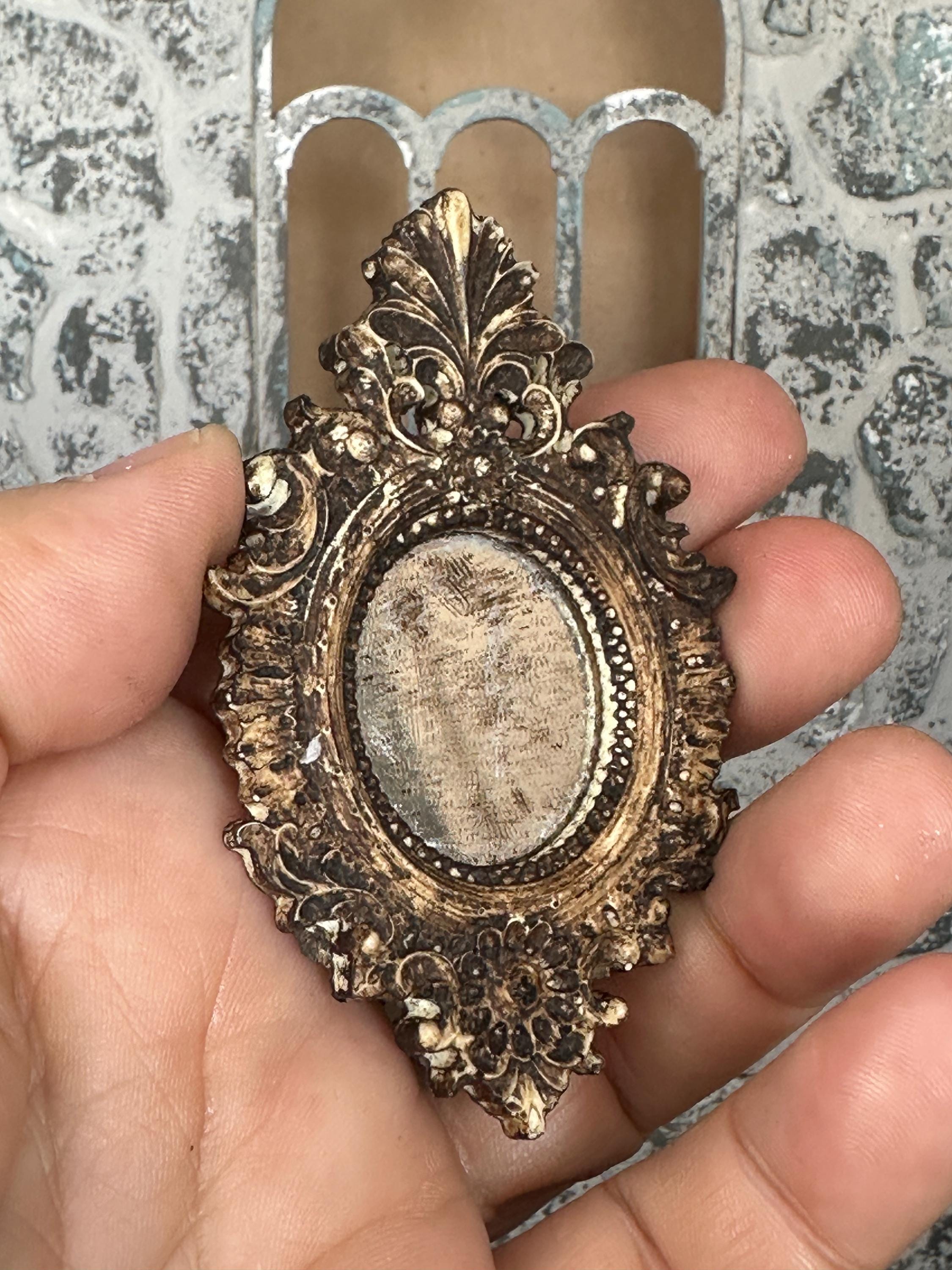 Miniature Dollhouse Ornate Mirror – Baroque Aged Mercury Glass & Wood Finish