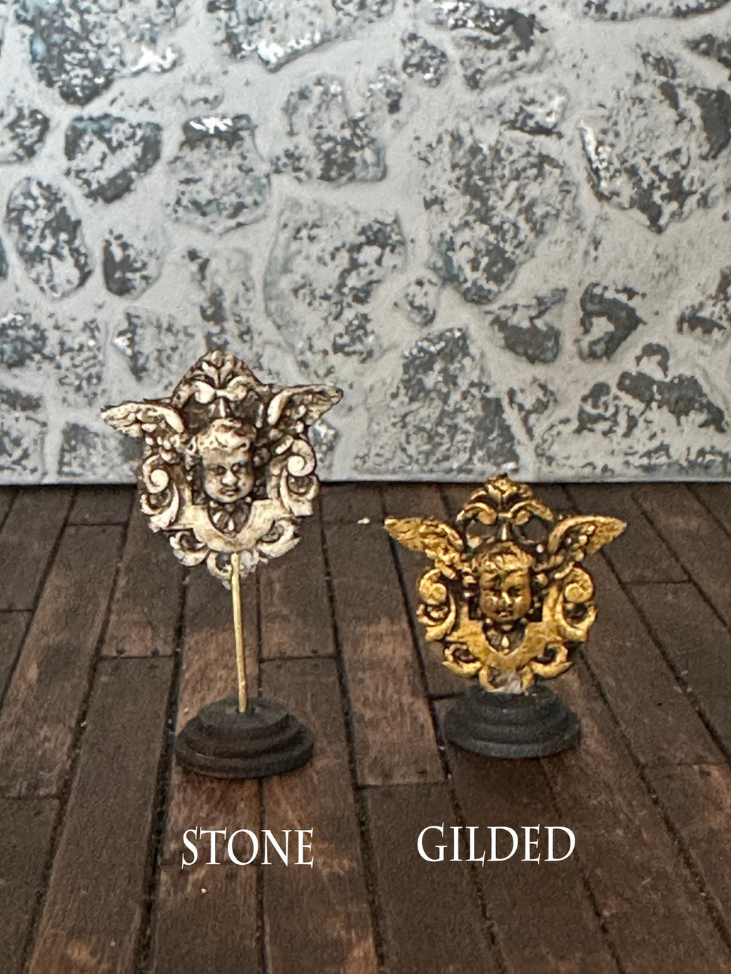 Handmade Miniature Angel Reliquaries – Aged Gilded or Stone Winged Ornaments (1:12 Scale)