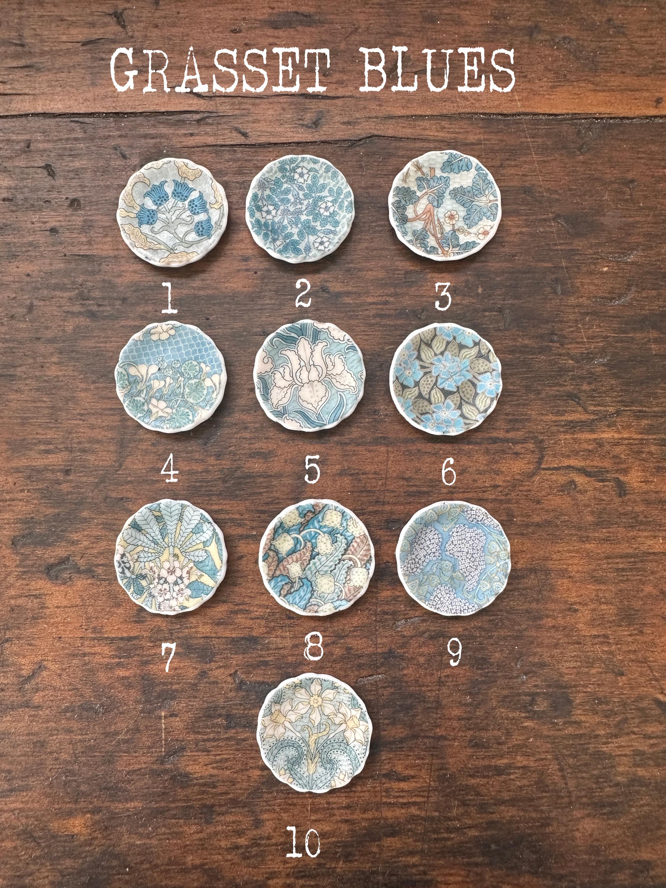 Ceramic Dollhouse 1:12 Scale Plates – 19th Century Eugène Grasset Art Blues & Yellows