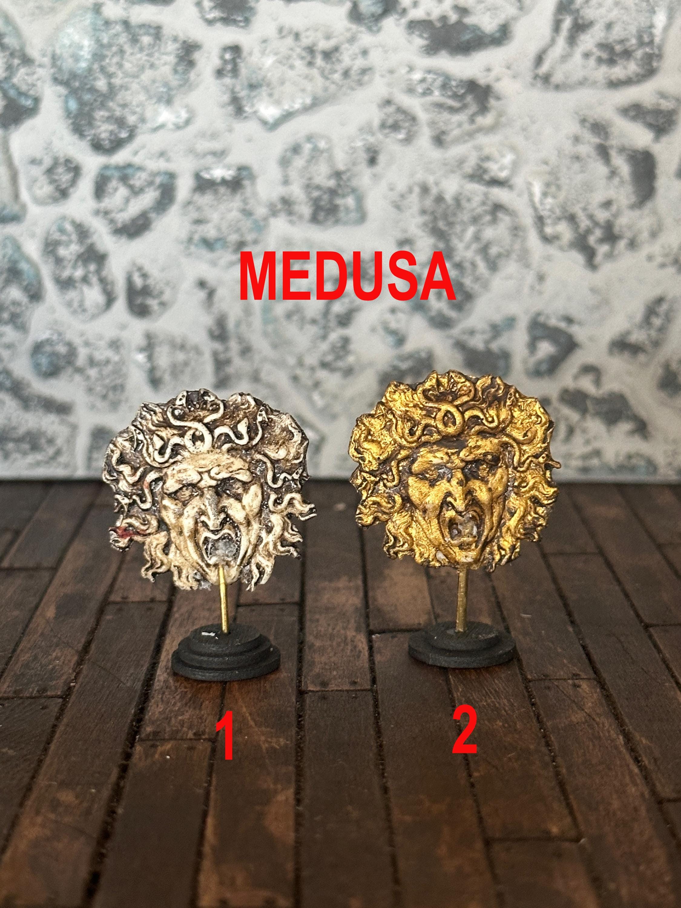 Handmade Miniature Medusa Ornament – Aged Gilded or Stone Mask Statue (1:12 Scale)