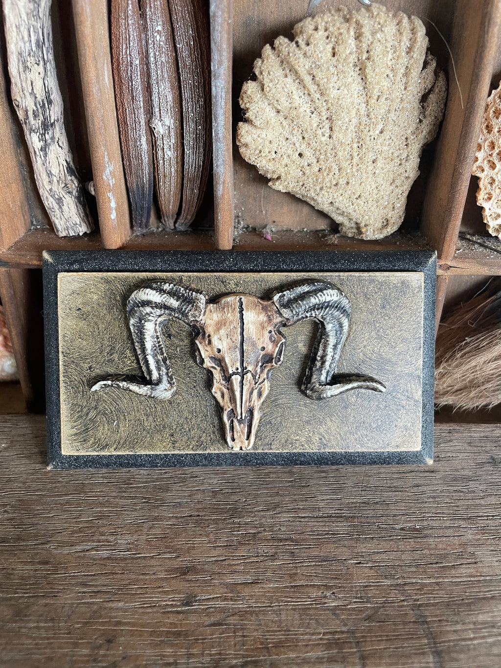 Handmade Miniature Ram’s Skull Wall Plaque – Aged Faux Stone Collectible