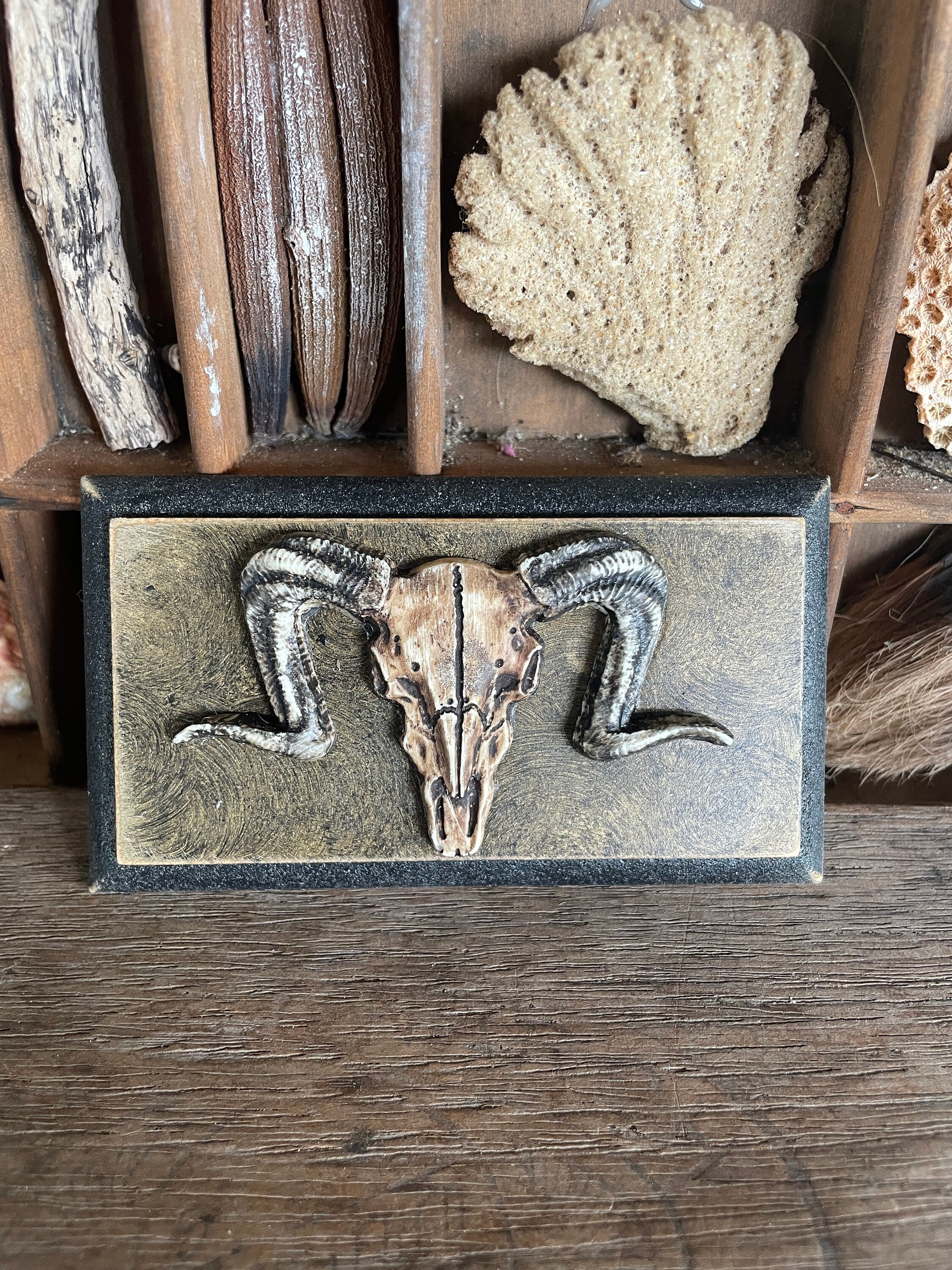 Handmade Miniature Ram’s Skull Wall Plaque – Aged Faux Stone Collectible