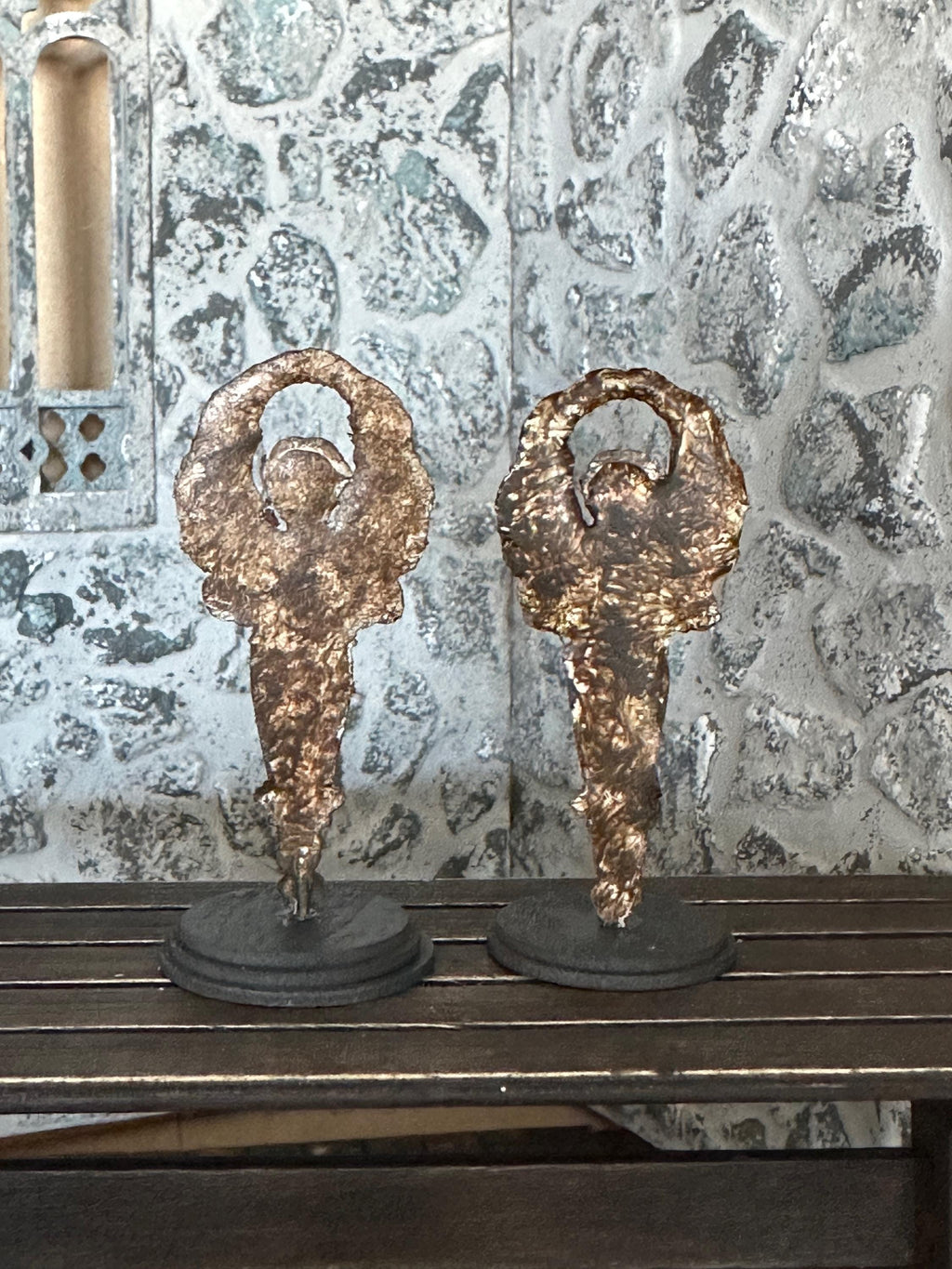 Handmade Miniature Gilded Angel Statue – Aged Religious Art on Stand