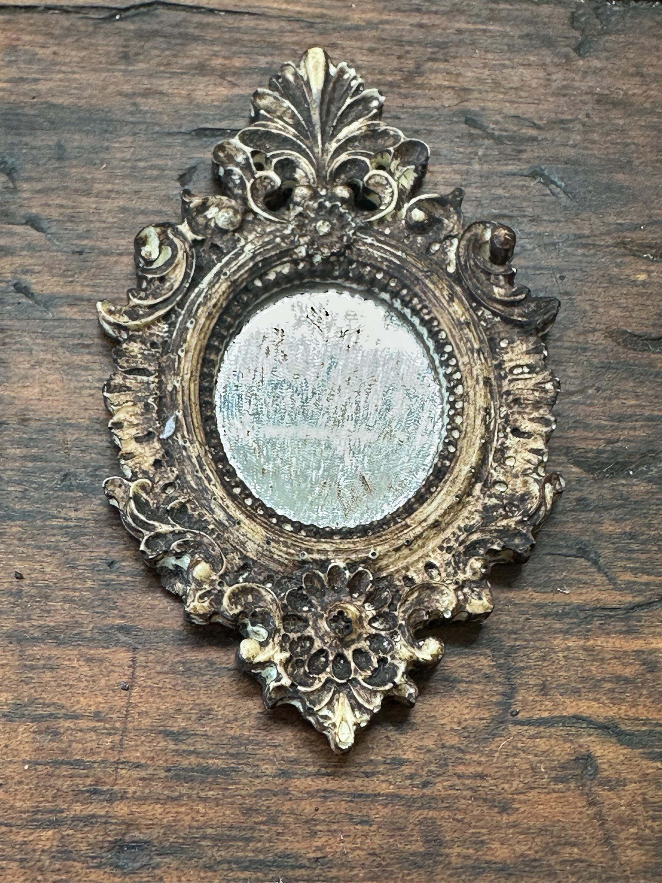 Miniature Dollhouse Ornate Mirror – Baroque Aged Mercury Glass & Wood Finish