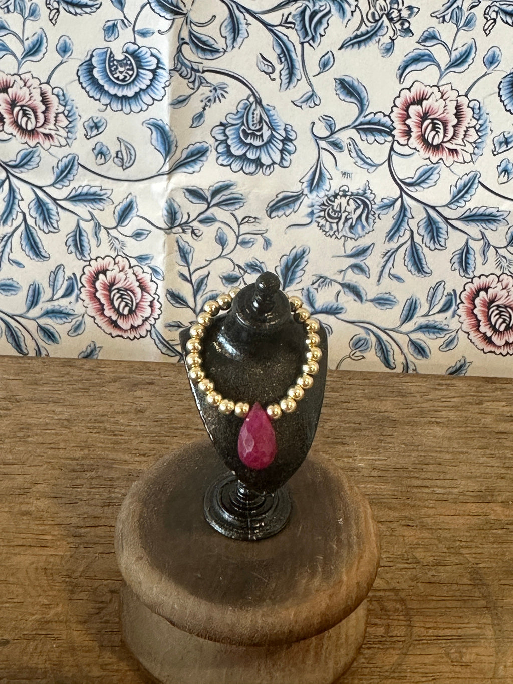 Handmade Miniature Dollhouse Necklace – Gold-Filled Beads & Real Ruby Drop