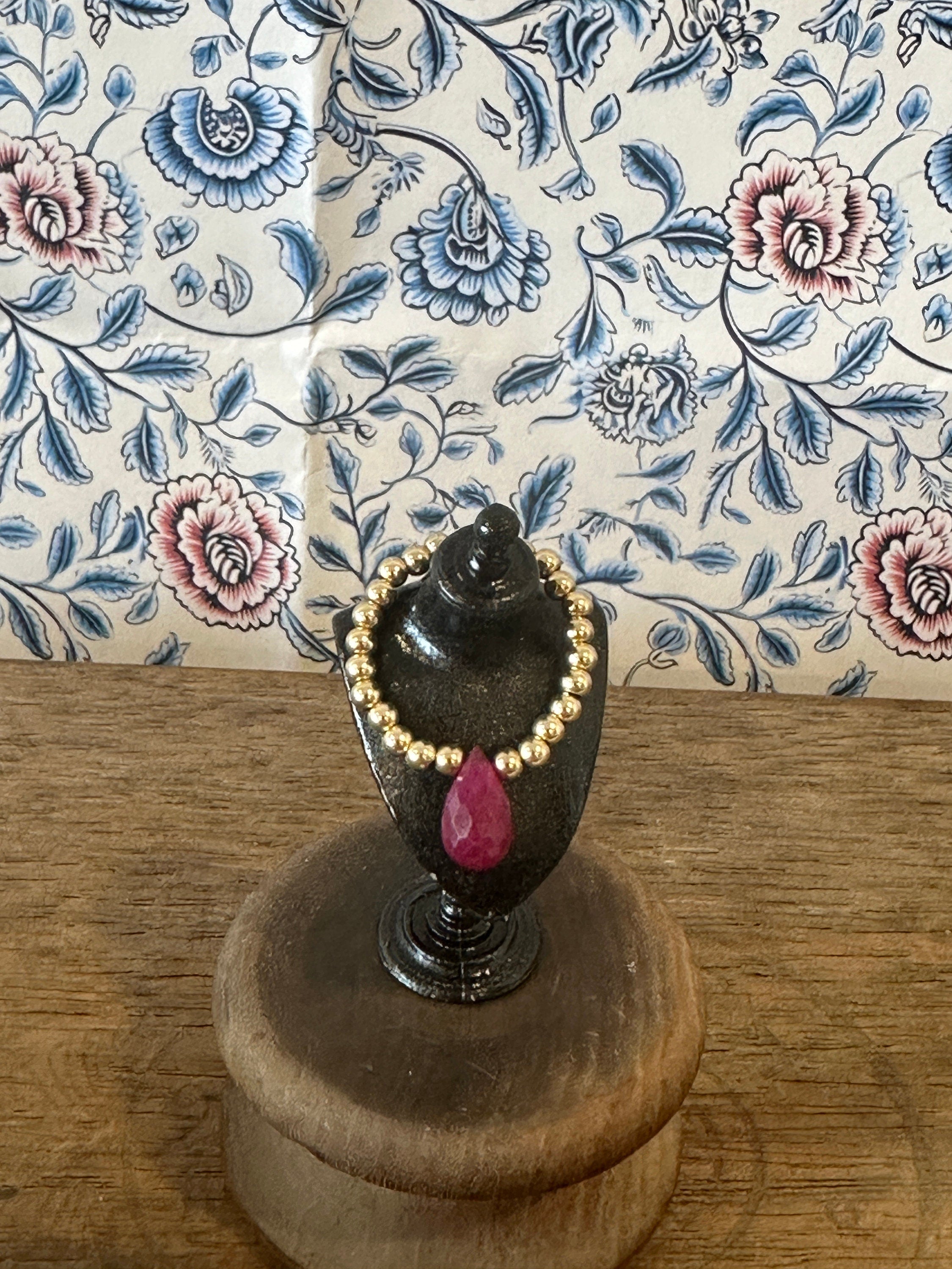 Handmade Miniature Dollhouse Necklace – Gold-Filled Beads & Real Ruby Drop