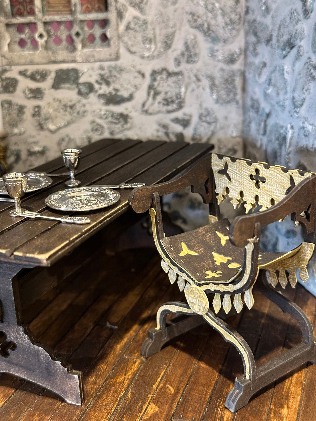 Handmade Dollhouse Miniature Gothic X-Chair – Medieval Curule Seat