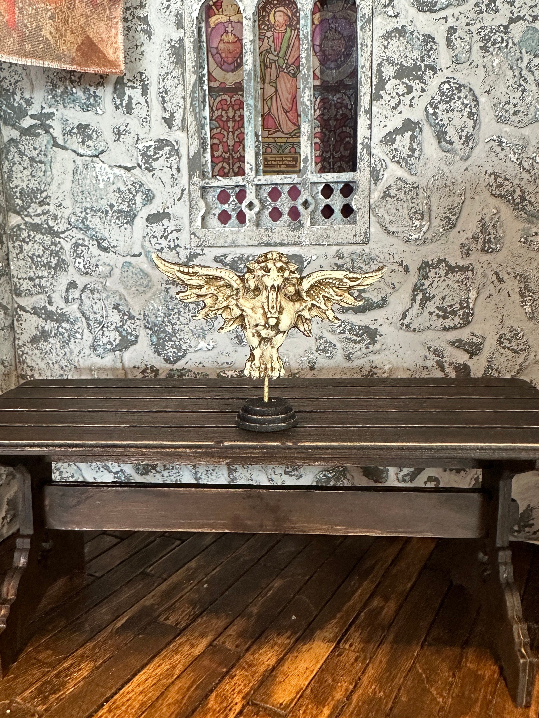 Handmade Dollhouse Miniature Griffin – Aged Winged Lion Statue on Stand