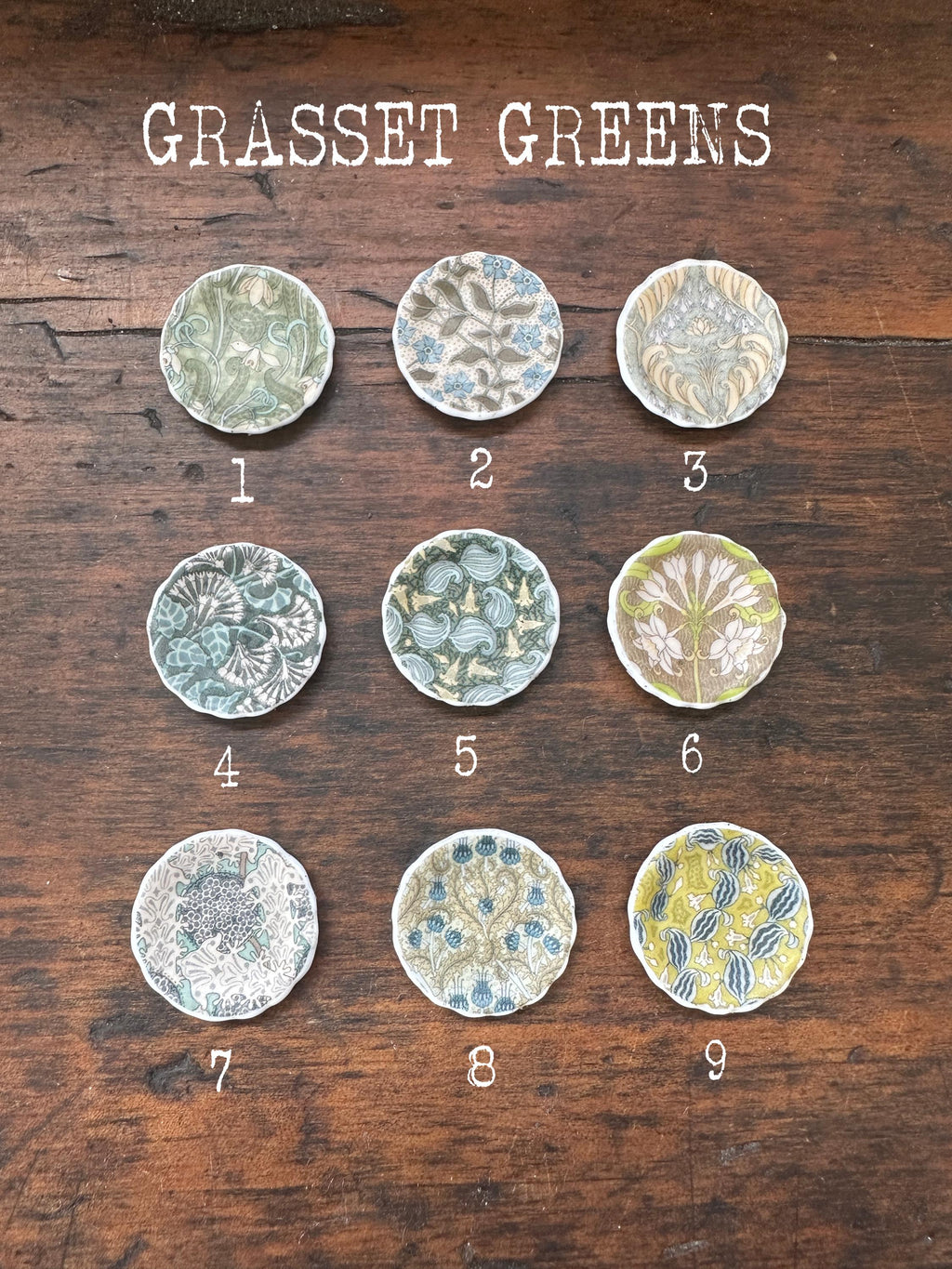 Ceramic Dollhouse 1:12 Scale Plates – 19th Century Eugène Grasset Art Greens and Reds