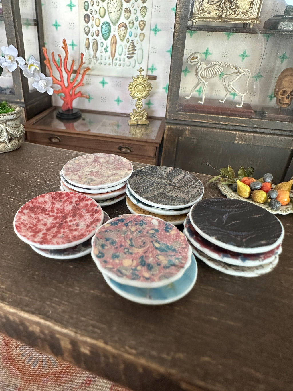 Ceramic Dollhouse 1:12 Scale Plates – Antique Marbled Paper Designs