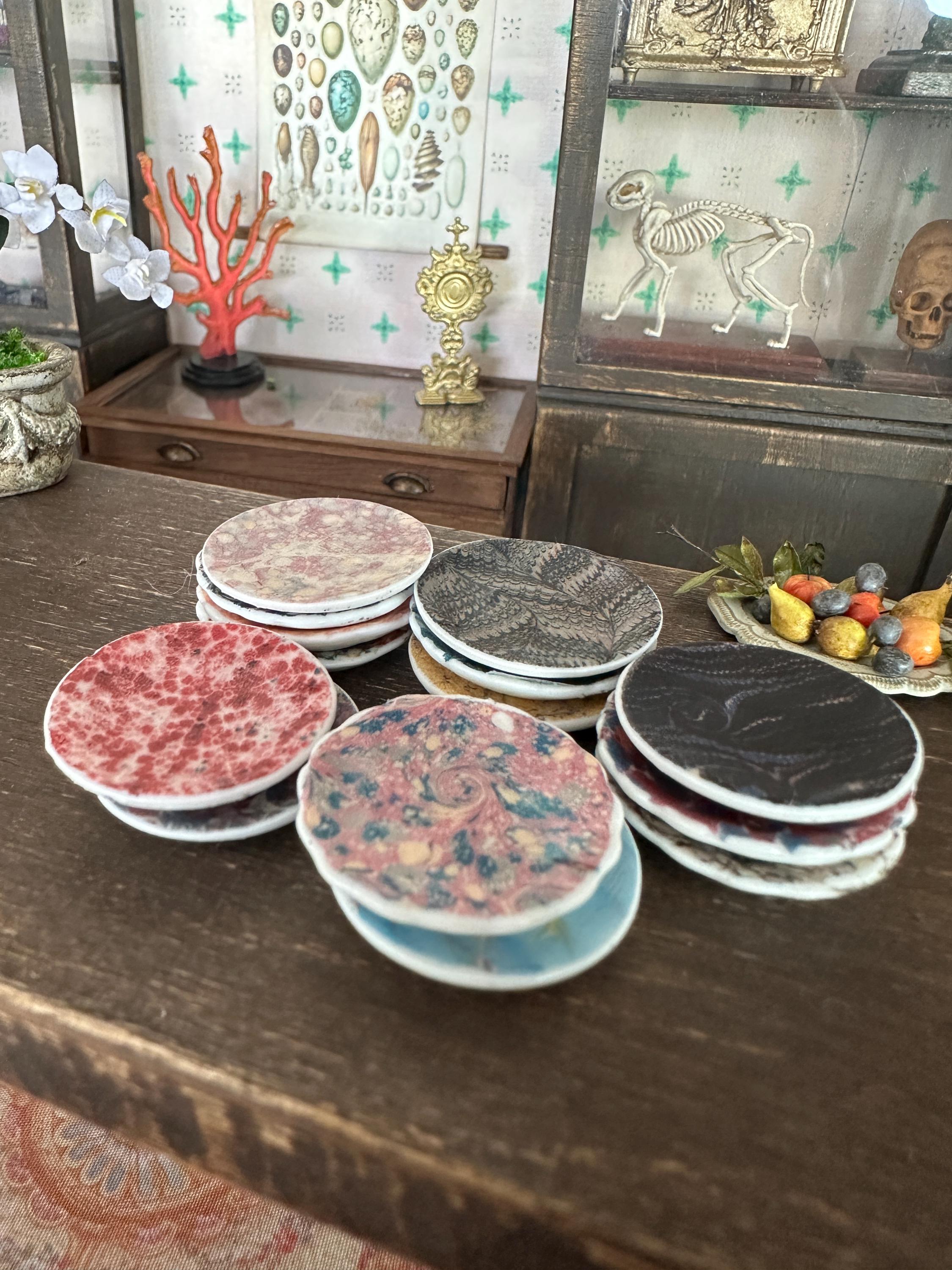 Ceramic Dollhouse 1:12 Scale Plates – Antique Marbled Paper Designs