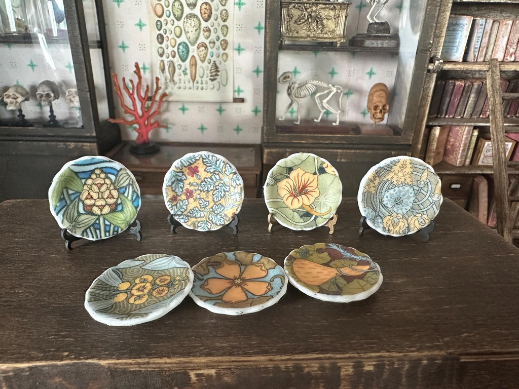 Ceramic Dollhouse 1:12 Scale Plates – 19th Century Eugène Grasset Art Blues & Yellows
