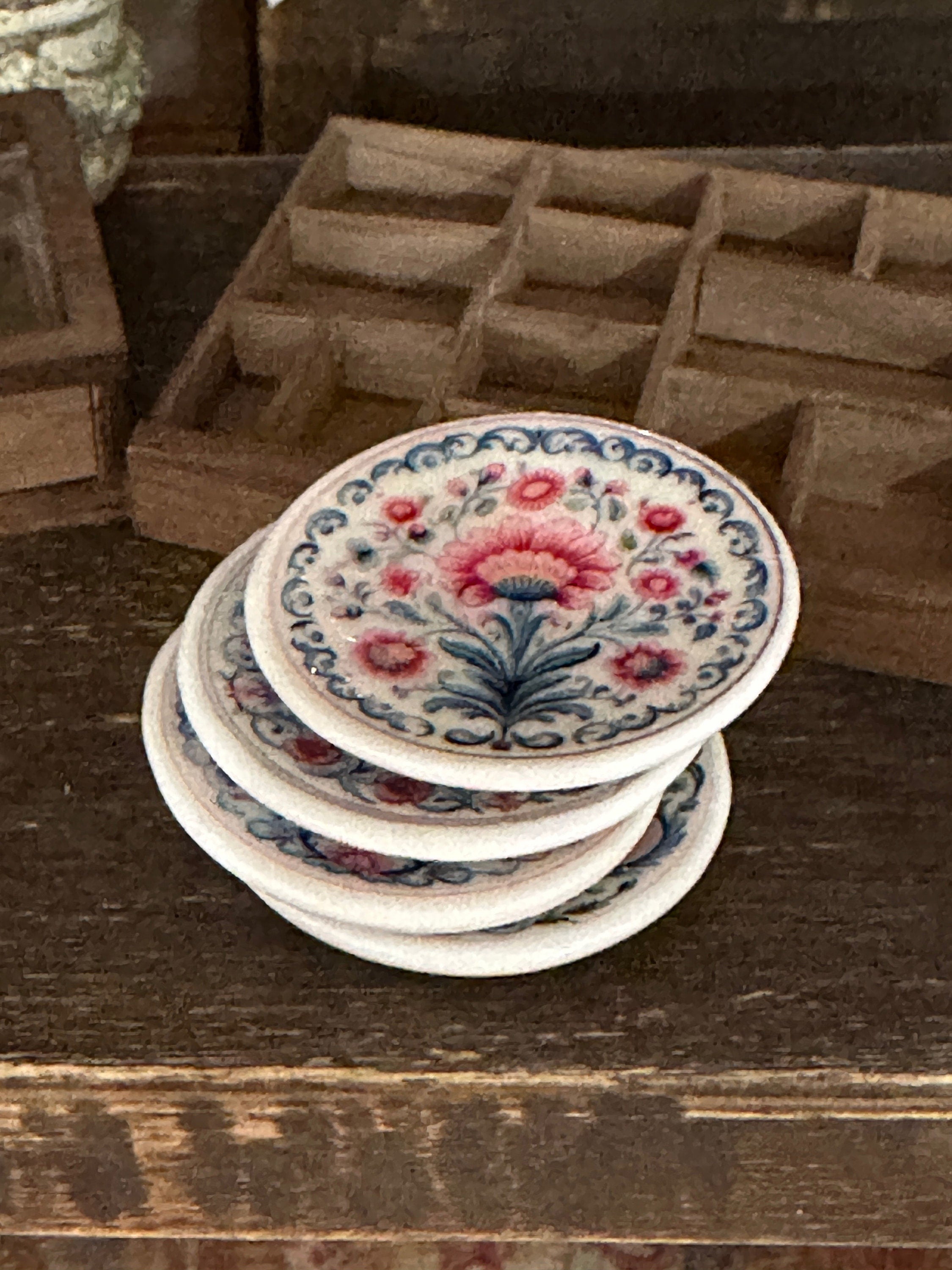Ceramic Dollhouse 1:12 Scale Plates – Folk Art Pink & Blue Floral Set