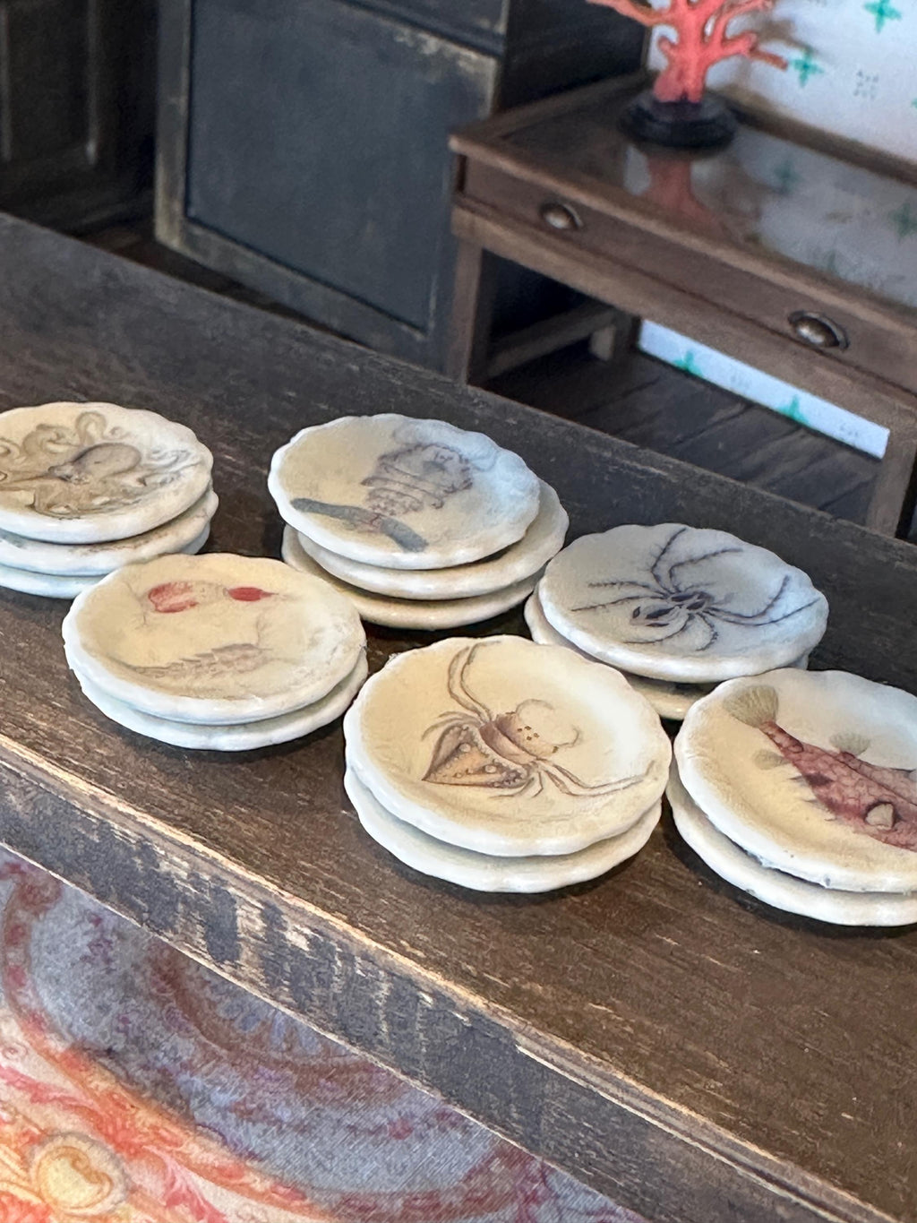 Ceramic Dollhouse 1:12 Scale Plates – 19th Century Ernst Haeckel Naturalist Illustrations Sets 3 and 4