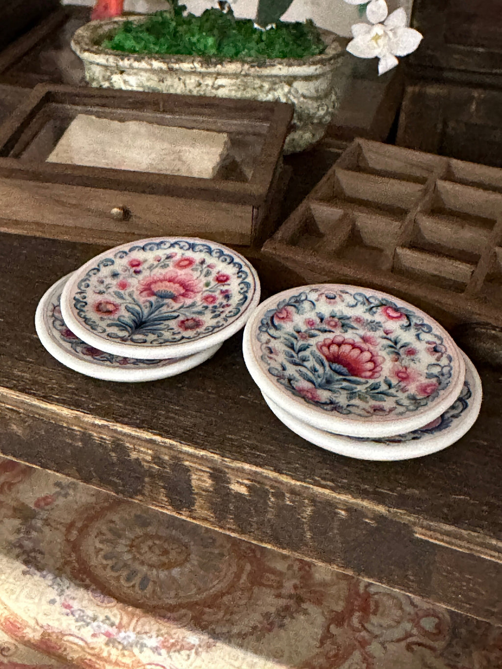 Ceramic Dollhouse 1:12 Scale Plates – Folk Art Pink & Blue Floral Set
