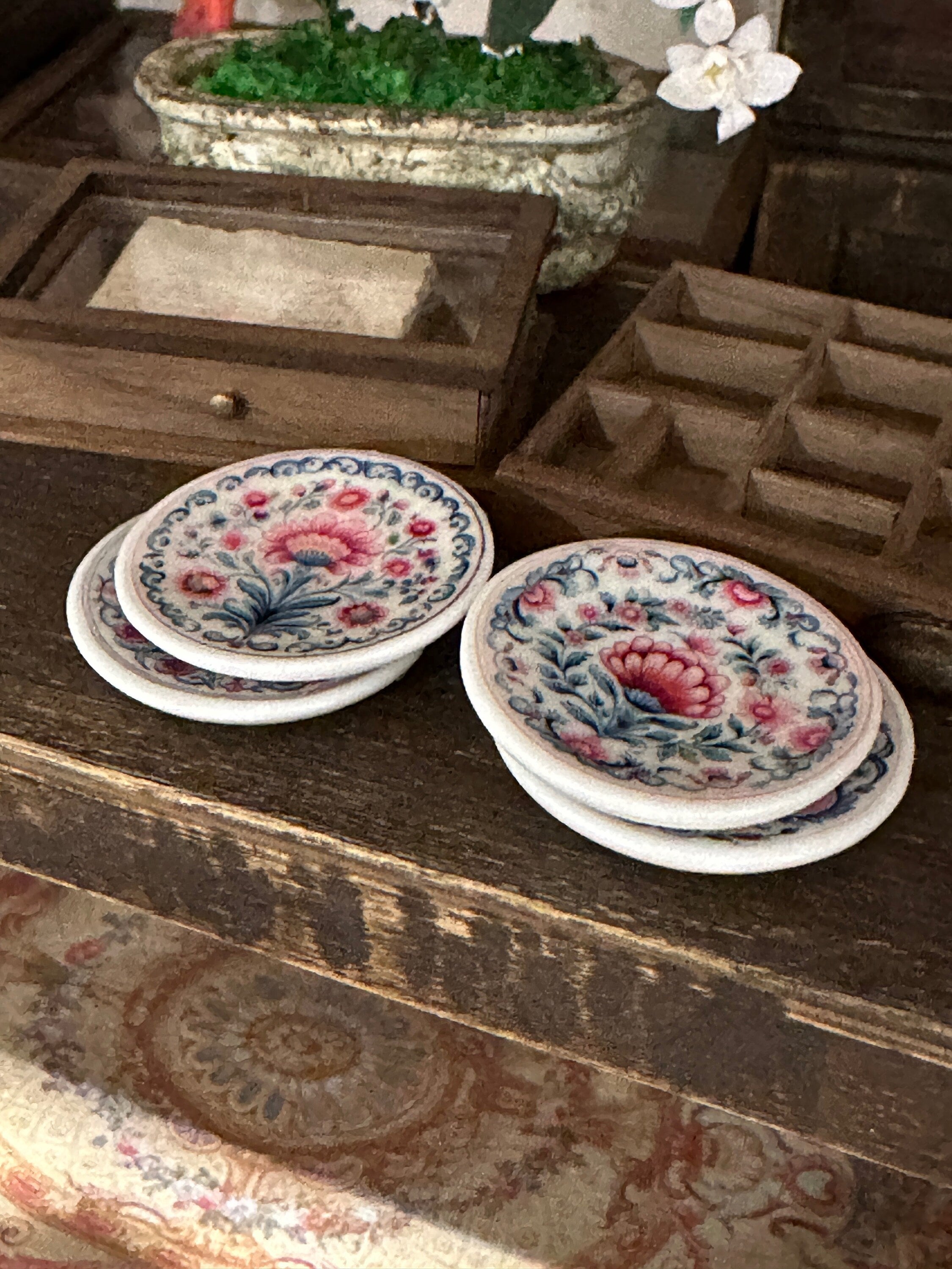 Ceramic Dollhouse 1:12 Scale Plates – Folk Art Pink & Blue Floral Set