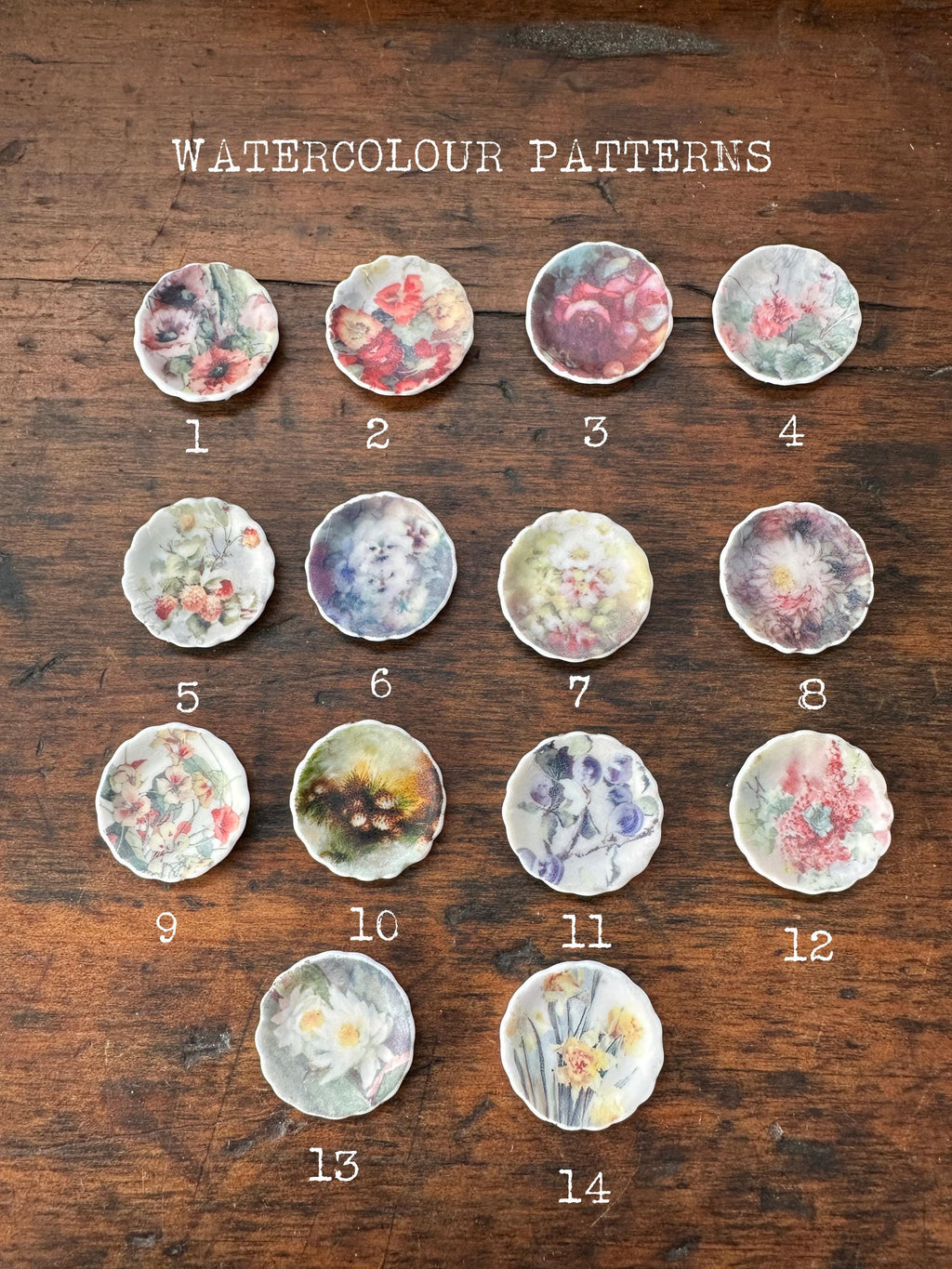 1:12 Scale Dollhouse Plates – Watercolour Handpainted Style Floral Designs