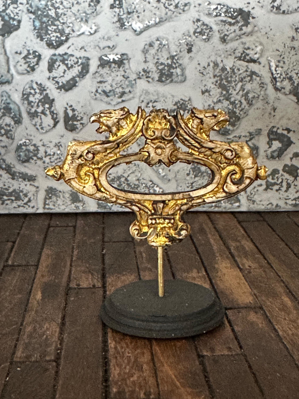 Handmade Miniature Gilded Dragon Griffin – Aged Ornate Sculpture on Stand (1:12 Scale)