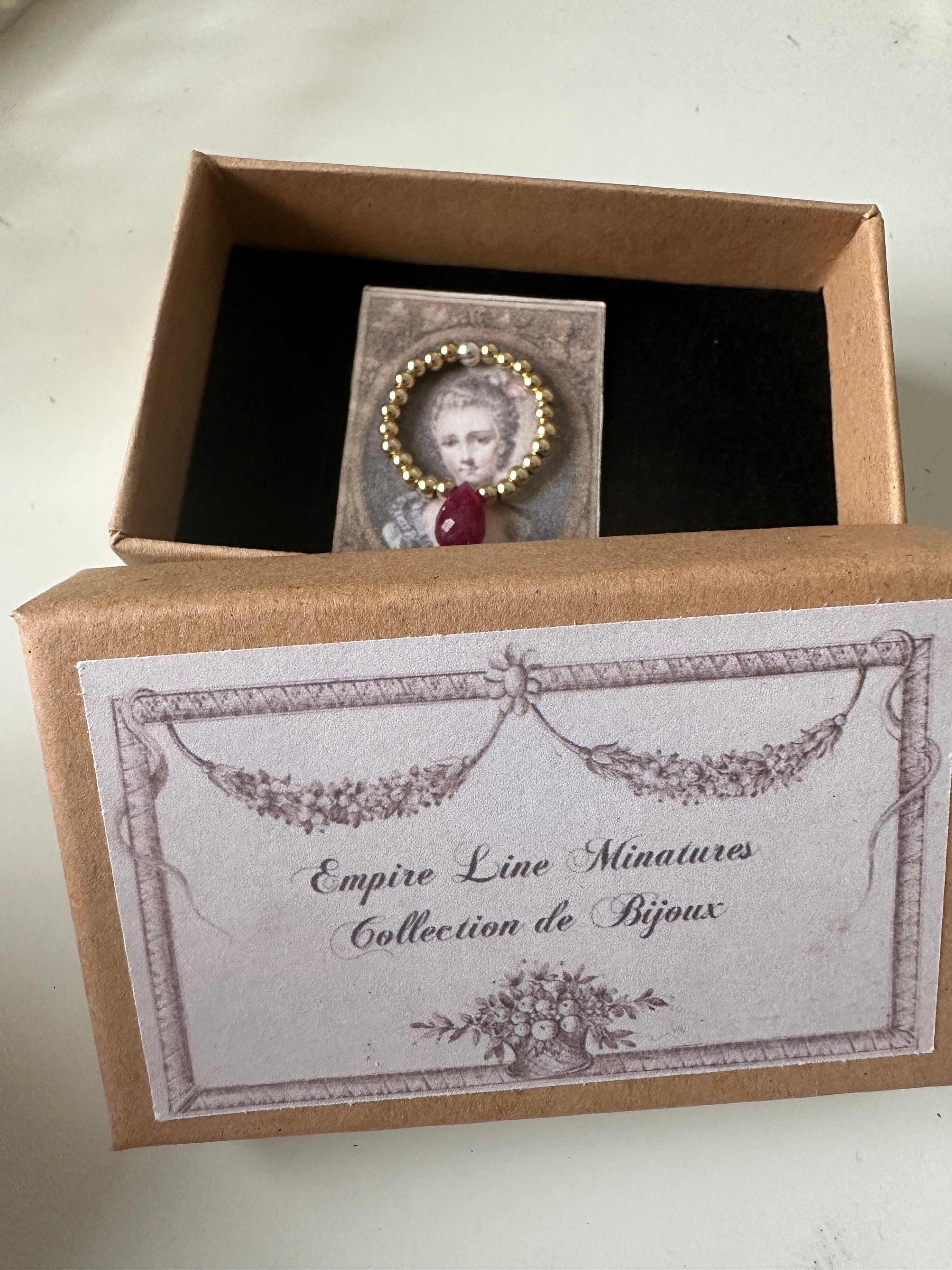 Handmade Miniature Dollhouse Necklace – Gold-Filled Beads & Real Ruby Drop