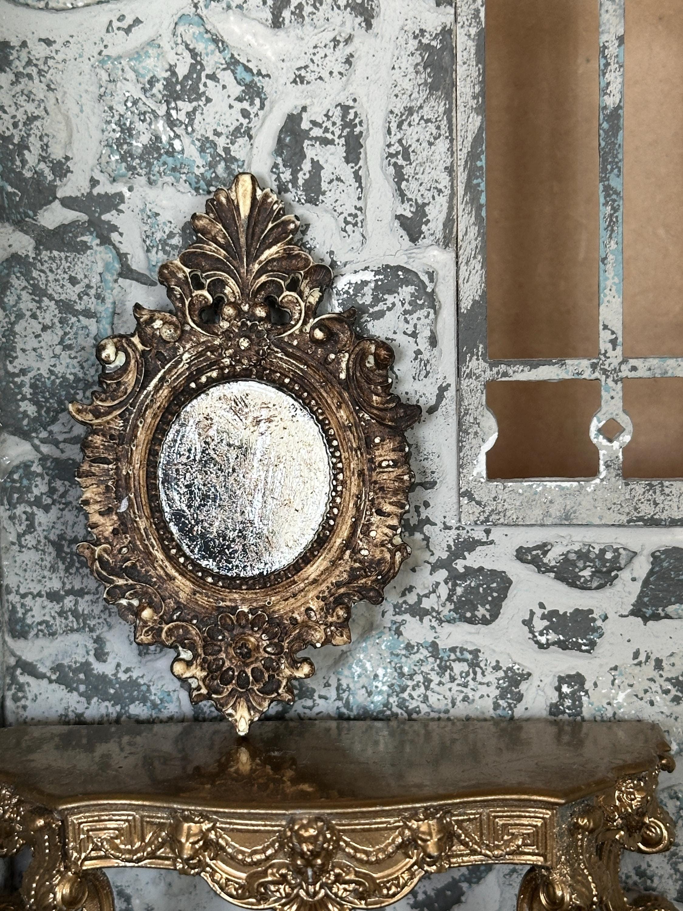 Miniature Dollhouse Ornate Mirror – Baroque Aged Mercury Glass & Wood Finish