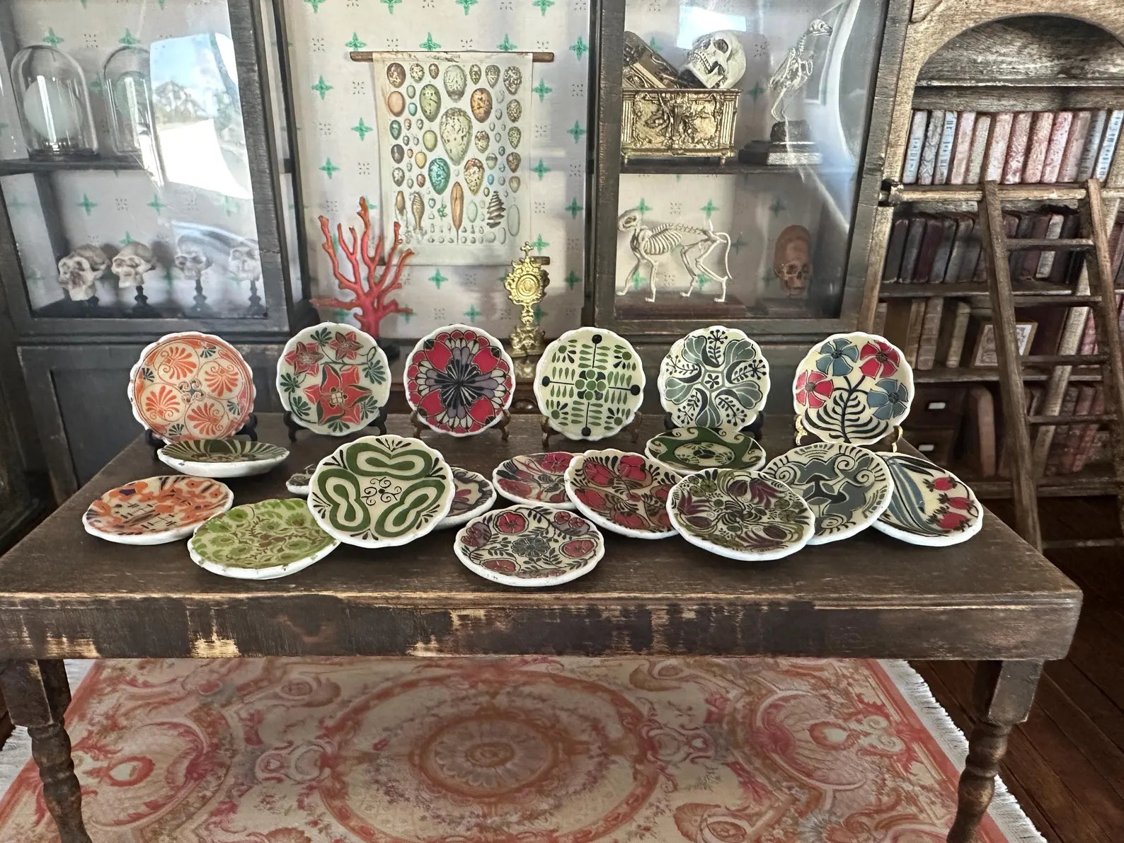 1:12 Scale Dollhouse Plates – Early 20th Century Folk Art Style Colourful